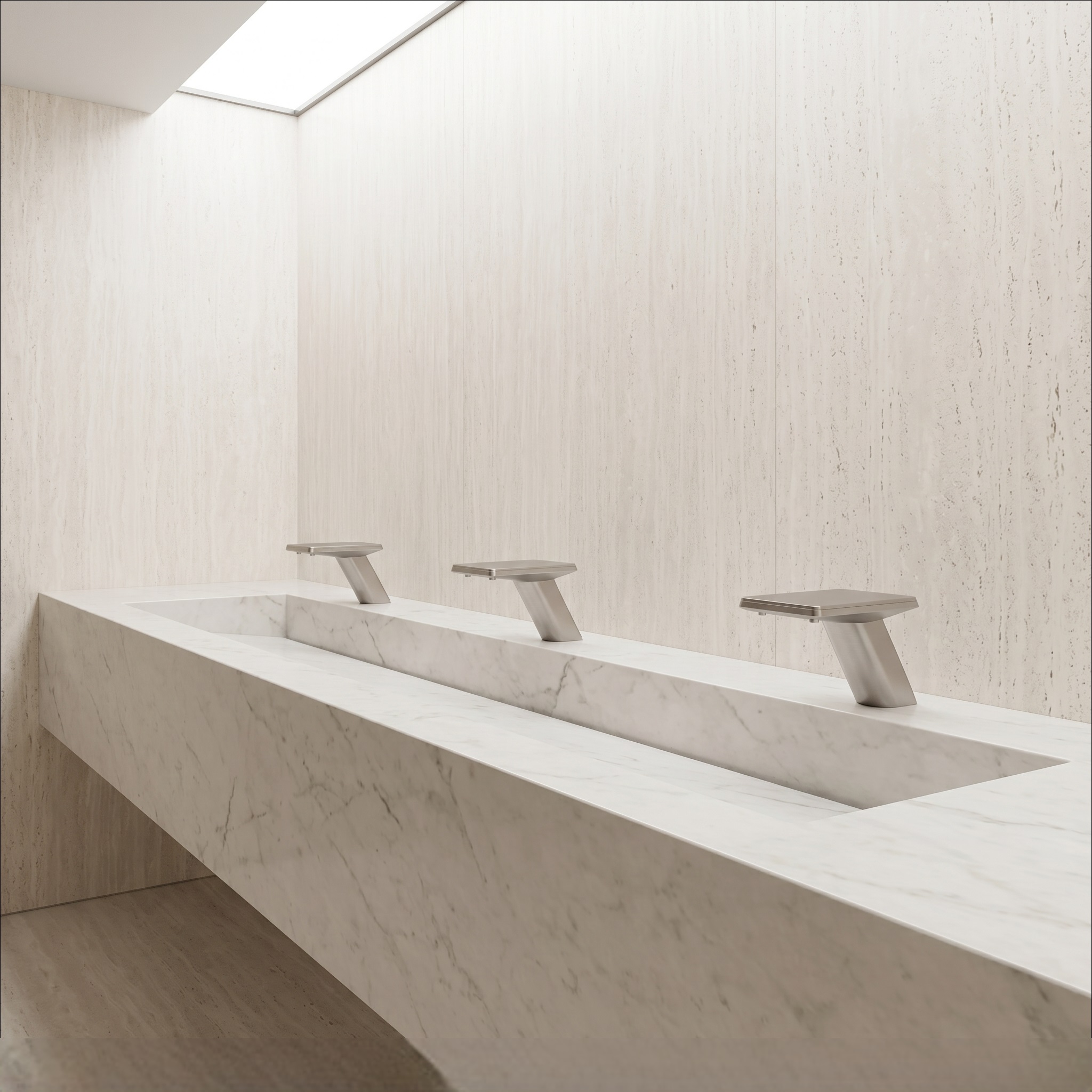 Modern transit hub washroom featuring vandal-resistant automatic faucets and durable sink fixtures