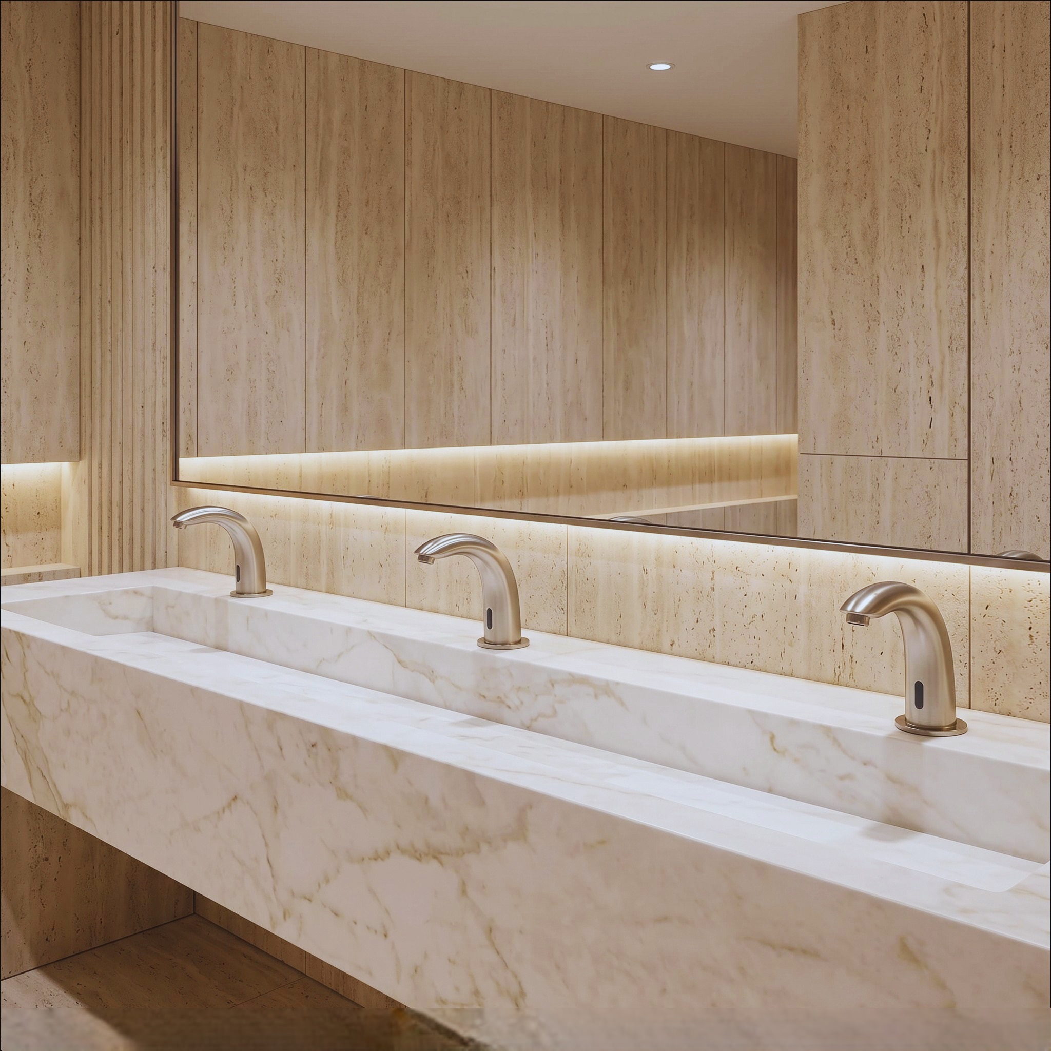 Row of commercial restroom sinks with touchless faucets in a high-traffic facility