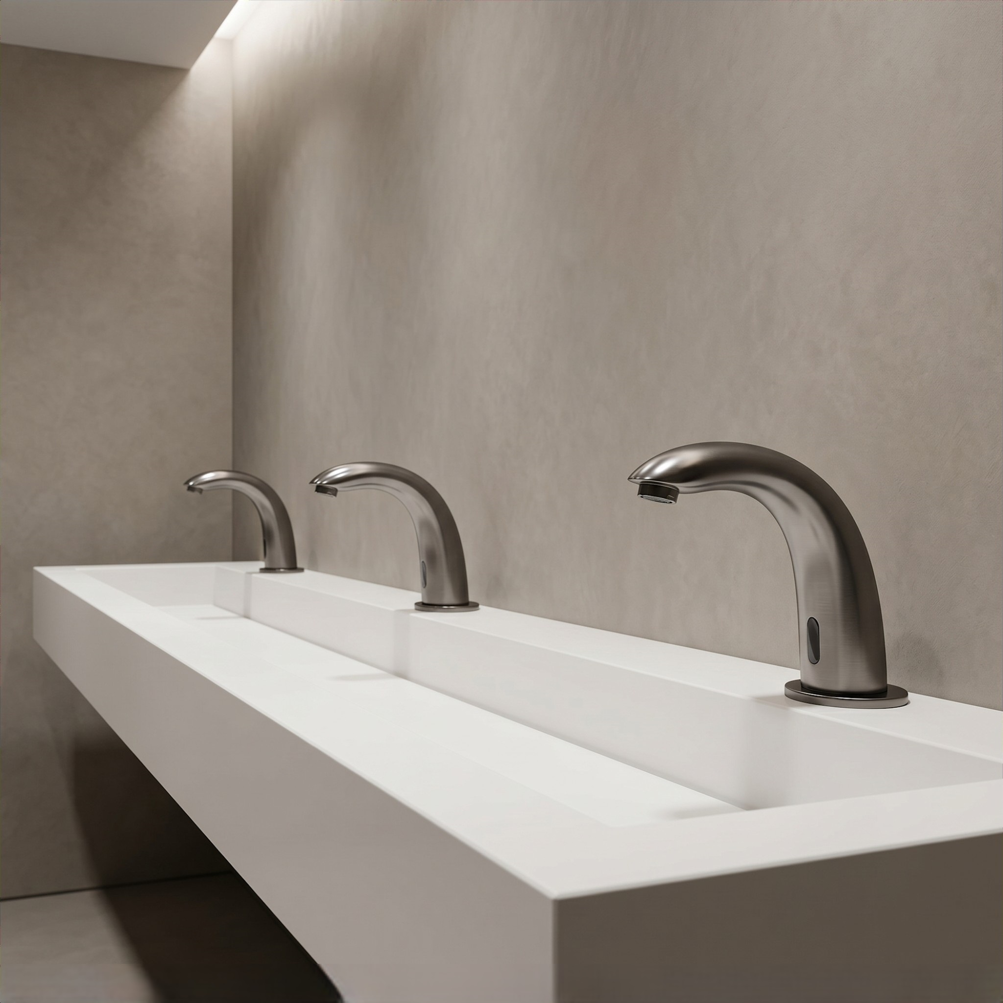 Premium commercial washroom fixtures coordinated for hospitality and high-traffic public restroom interiors