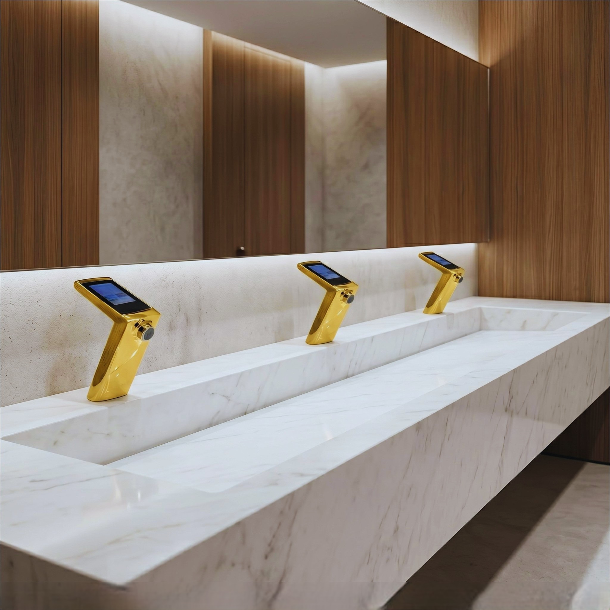 Modern commercial restroom combining automatic soap dispensing, touchless fixtures, accessibility planning, and refined finishes