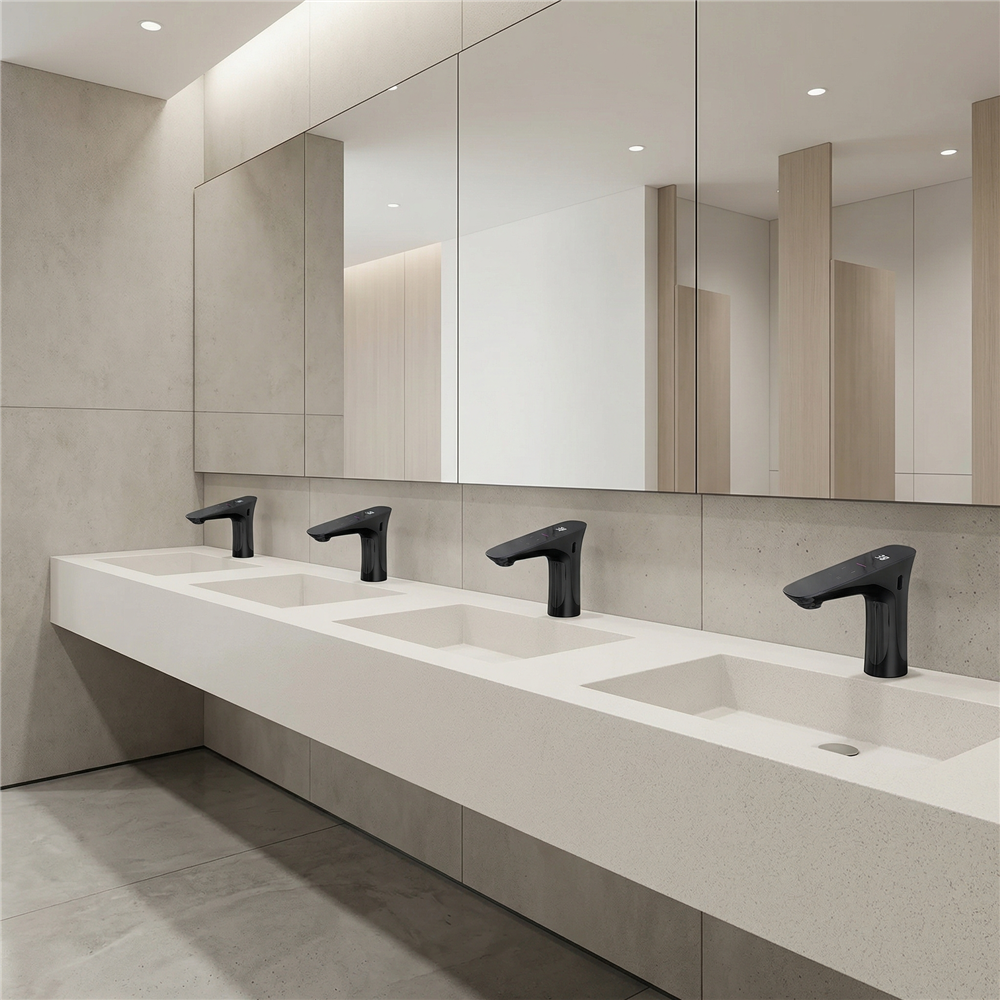 Premium commercial touchless faucet with modern sensor technology installed in a large public restroom