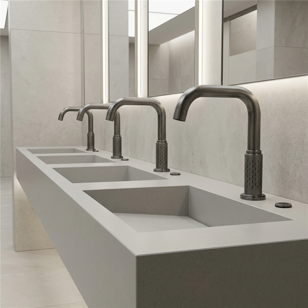 Architect reviewing technical product submittals for touchless lavatory faucet systems