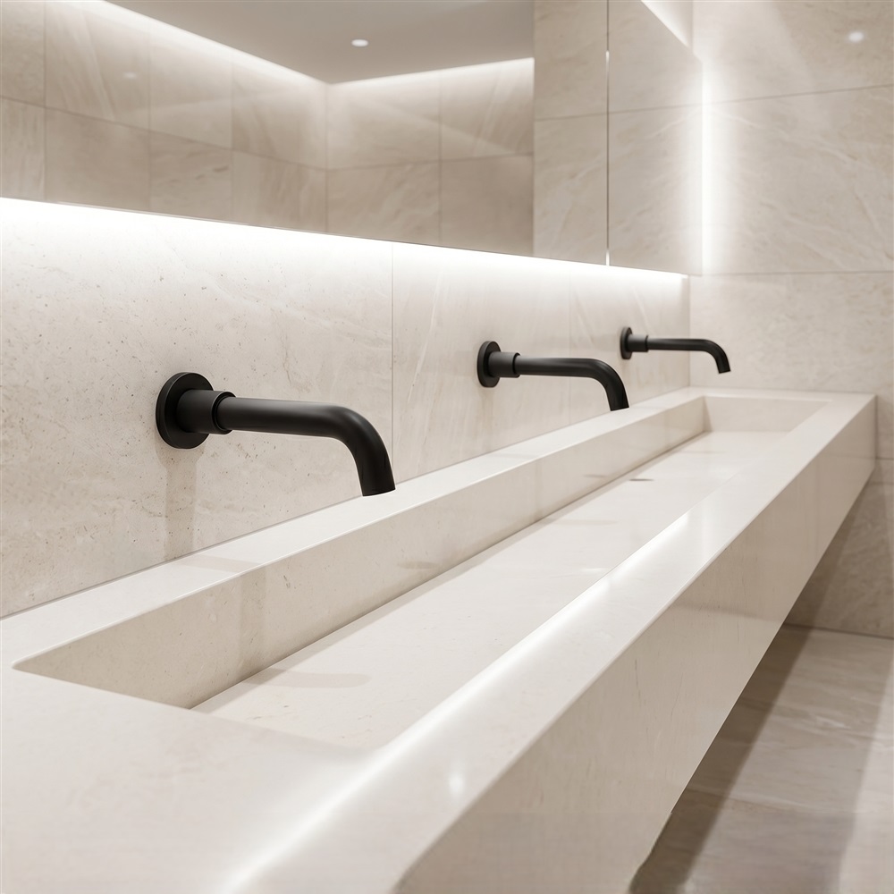 Detailed sensor faucet specification sheet showing standards, flow data, and product features
