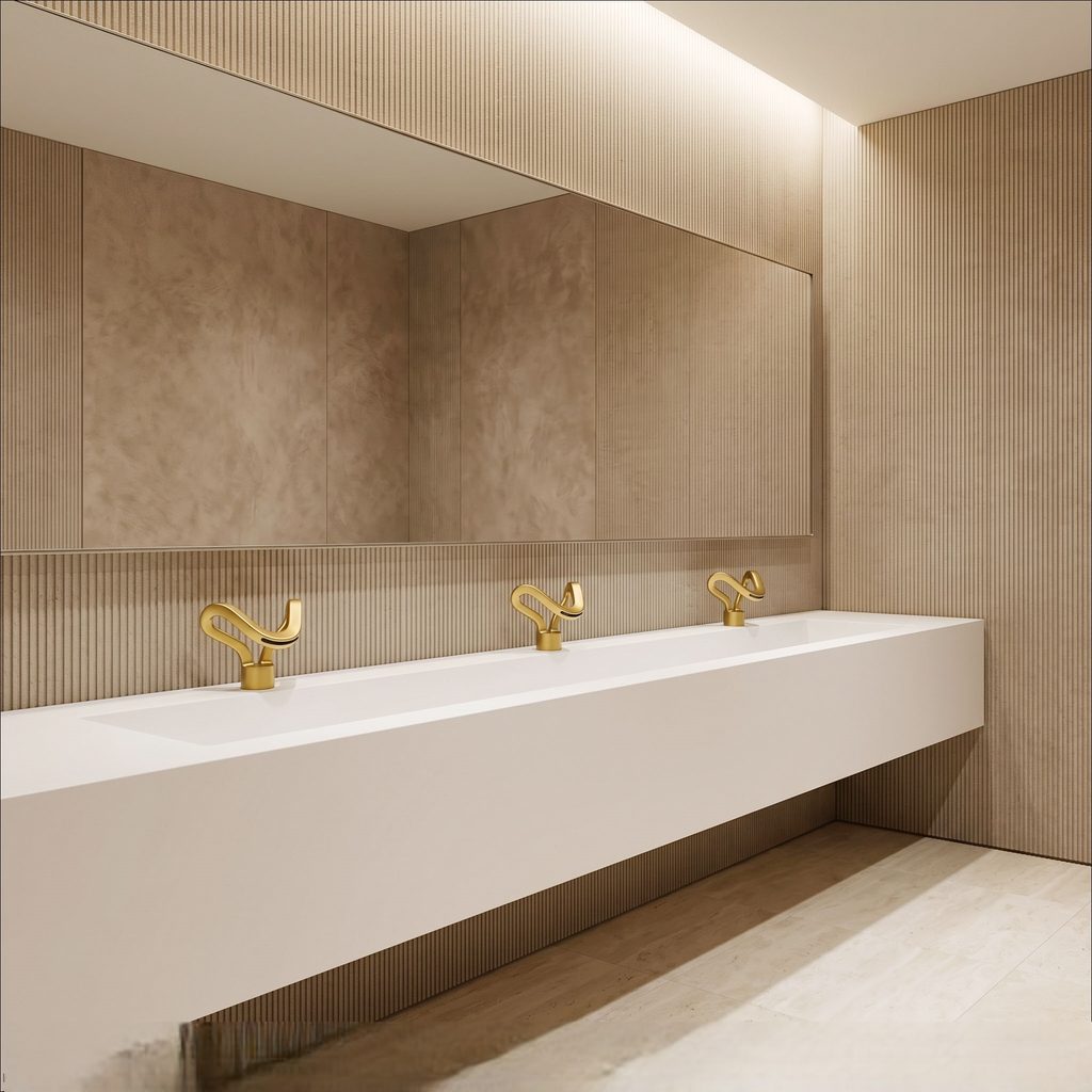 Refined contemporary vanity featuring a gold single hole faucet and coordinated modern bathroom materials