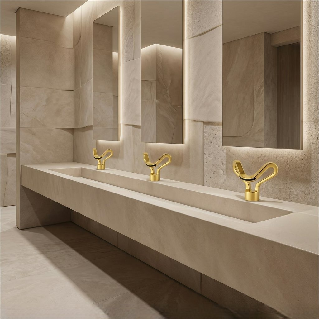 Gold bathroom fixture coordinated with contemporary vanity materials and light stone surfaces
