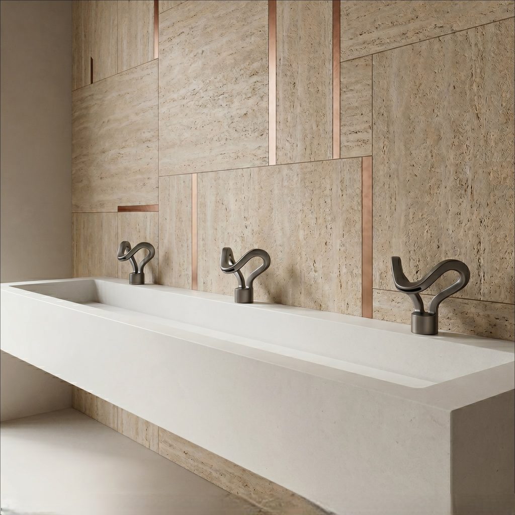 Premium modern touchless faucet in a clean commercial healthcare restroom