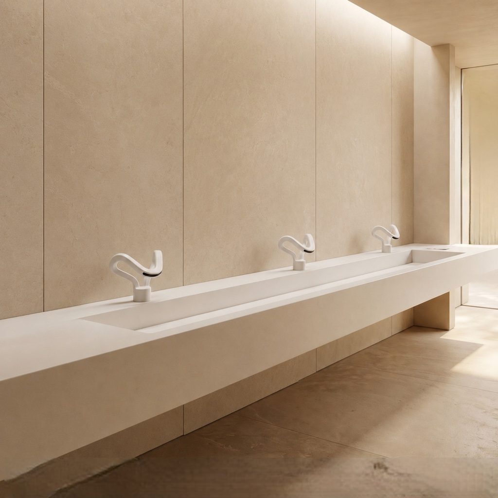 Modern healthcare restroom with commercial touchless faucets and clean white sinks