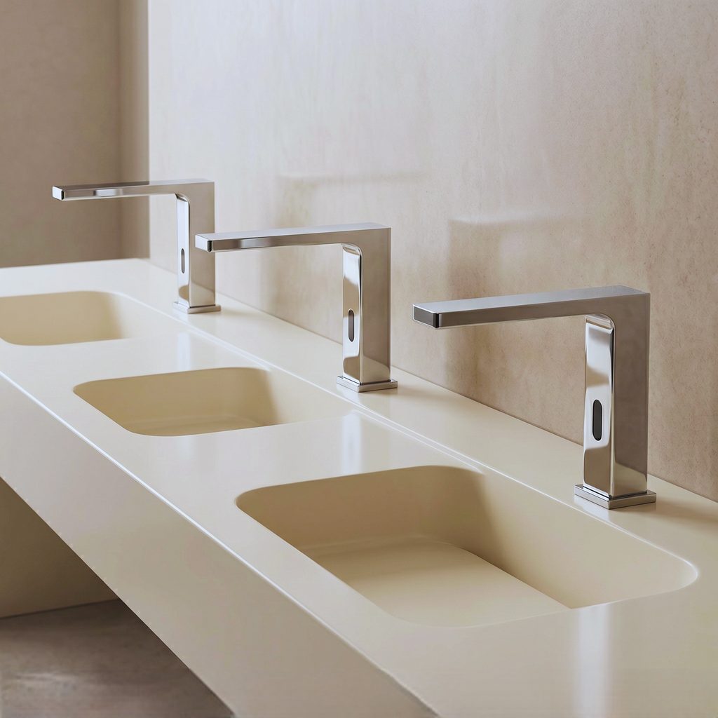 Hospital staff using a no-touch commercial faucet at a clinical handwashing station