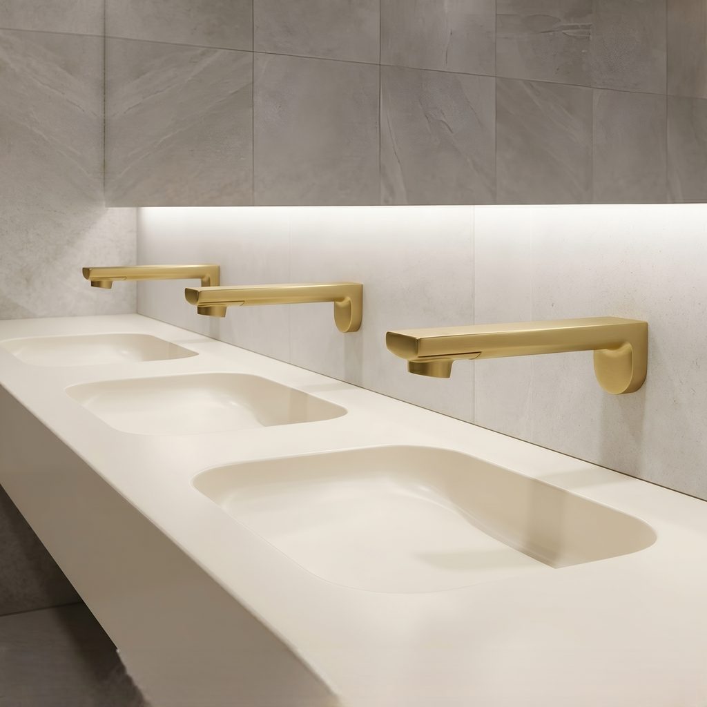 Gold bathroom faucet shown in proportion to a modern vanity basin and countertop