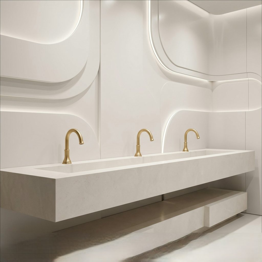 Cohesive contemporary bathroom vanity with coordinated faucet, mirror, cabinetry, and lighting
