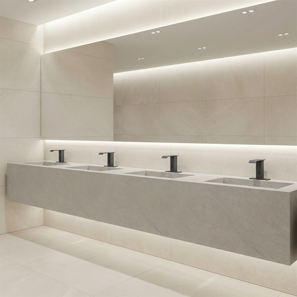 Commercial sensor faucet for hygienic restaurant and food service handwashing sink applications