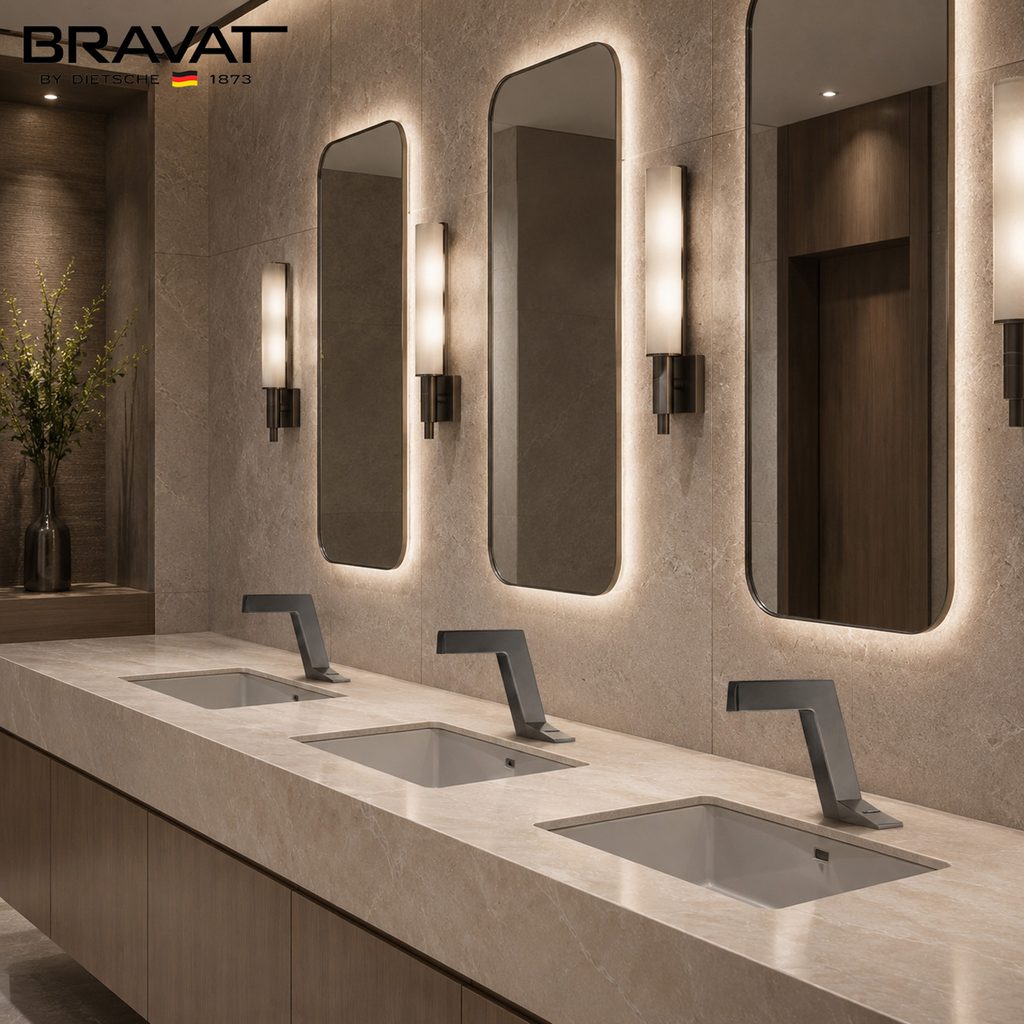 Modern editorial layout mockup for a commercial restroom fixture report with tables and image cards