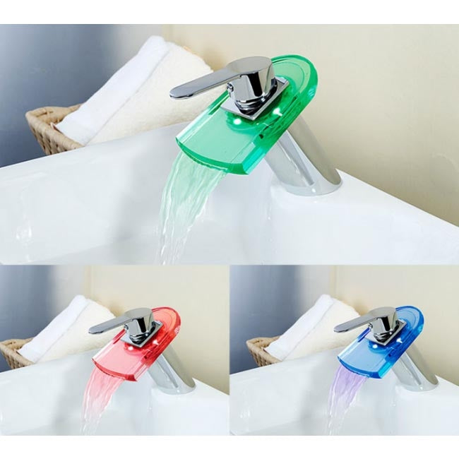 Juno Brass+Glass Color Changing LED Waterfall Bathroom Sink Faucets